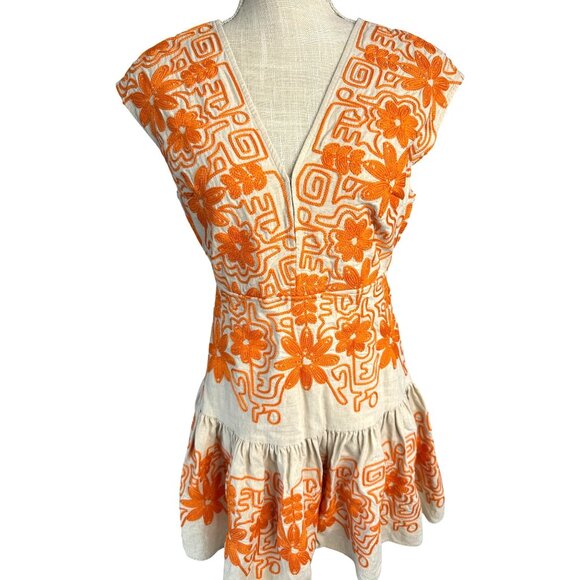 Maje Beige & Orange Embroidered Floral Sleeveless Dress Size 40 - Picture 1 of 9